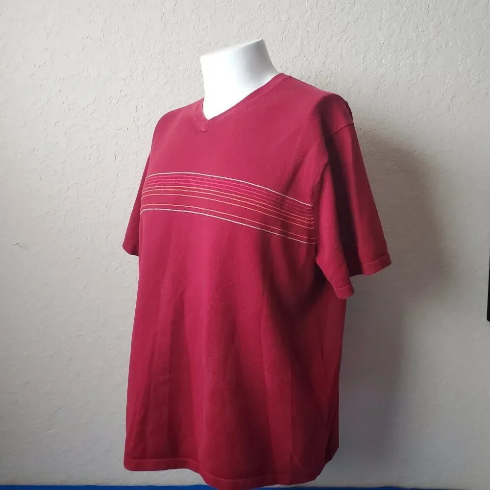 VTG Banana Republic Pima Cotton Sweater Shirt L Maroon Red Striped V-Neck Tee